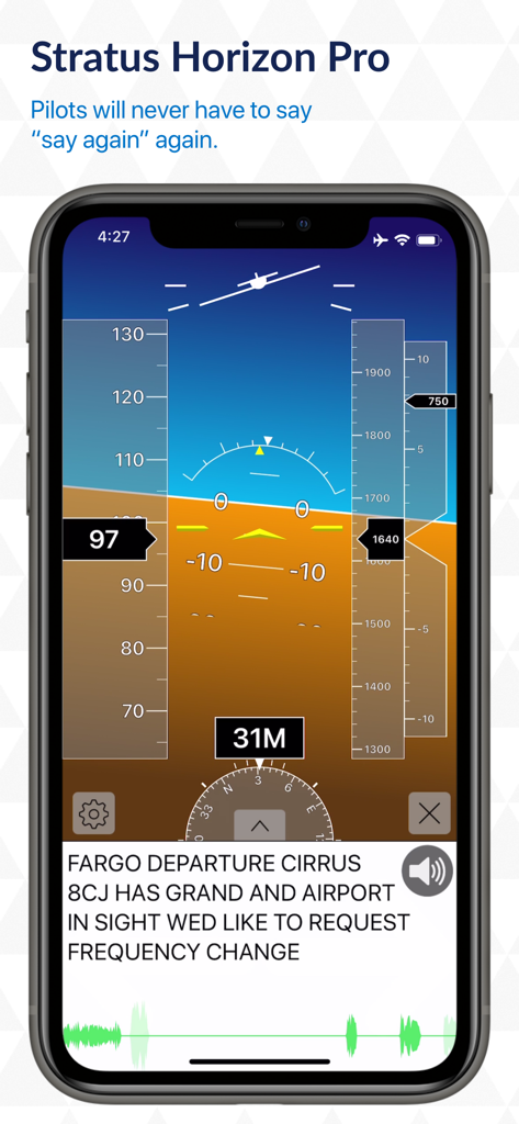 Stratus Horizon Pro - Stratus Horizon Pro interface showing an artificial horizon for emergency backup and ATC radio transcription