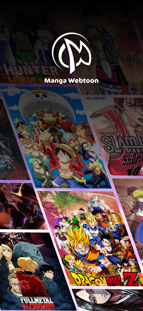 Manga Webtoon: Endless Stories - Manga Webtoon app splash screen featuring a collage of popular manga covers like One Piece and Dragon Ball Z