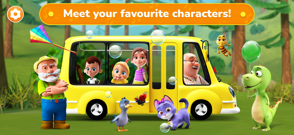 LooLoo Kids World For Toddlers - Johny y sus amigos con un autobús escolar amarillo y un dinosaurio verde en LooLoo Kids World