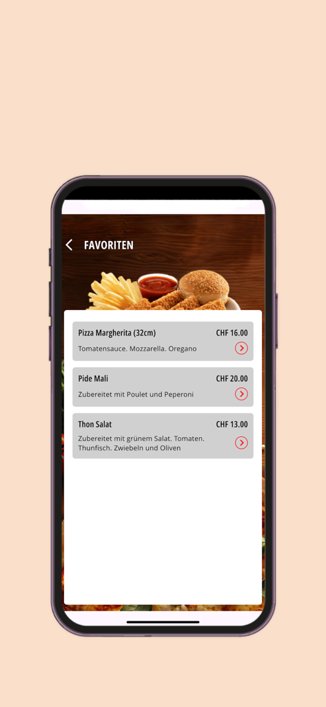 Interfaz de aplicación móvil que muestra elementos favoritos del menú, incluyendo Pizza Margarita, Pide Mali y Ensalada de Atún con precios en CHF.