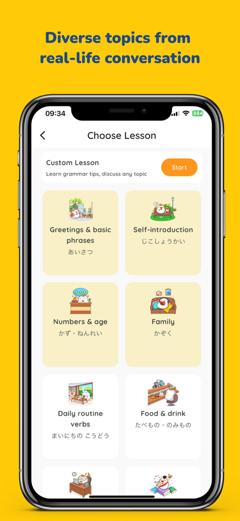 MochiKaiwa - Speak Japanese - MochiKaiwa app screen showing various Japanese conversation lessons like greetings, self-introduction, and food with cute illustrations.