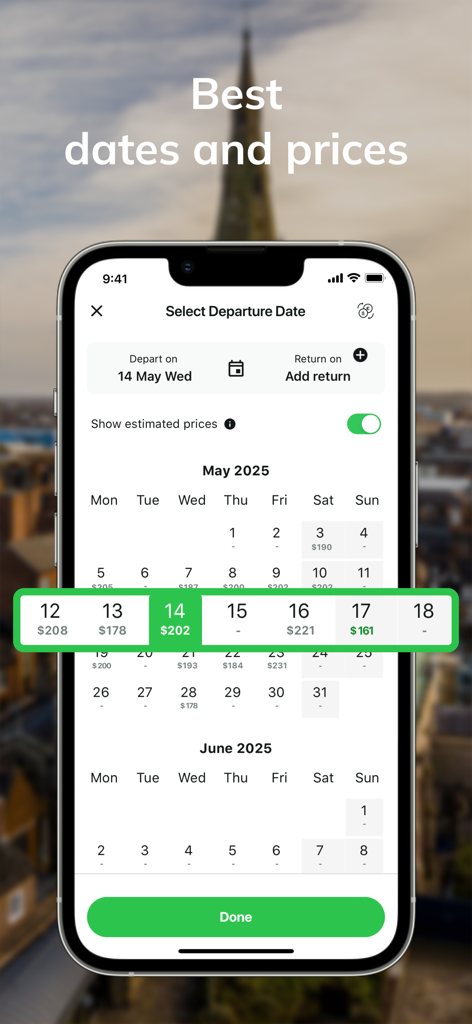 WINGIE - Book Cheap Flights - WINGIEアプリのカレンダー表示。異なる出発日の推定航空券価格を表示しています。