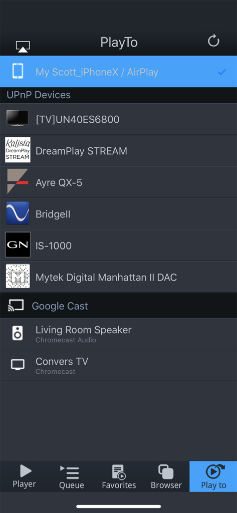 mconnect Player - mconnect Player PlayTo interface showing UPnP and Google Cast compatible devices