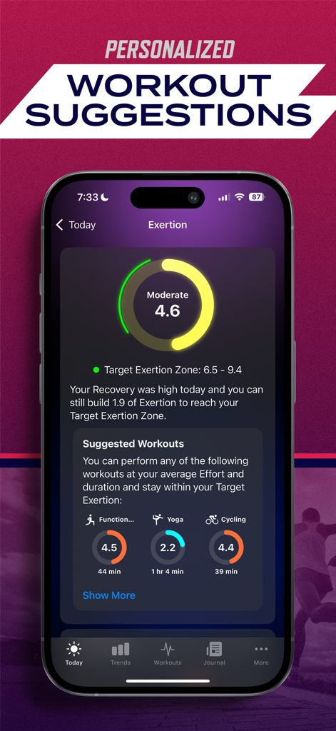 Smartphone screen displaying personalized workout suggestions and exertion levels in the Athlytic app.