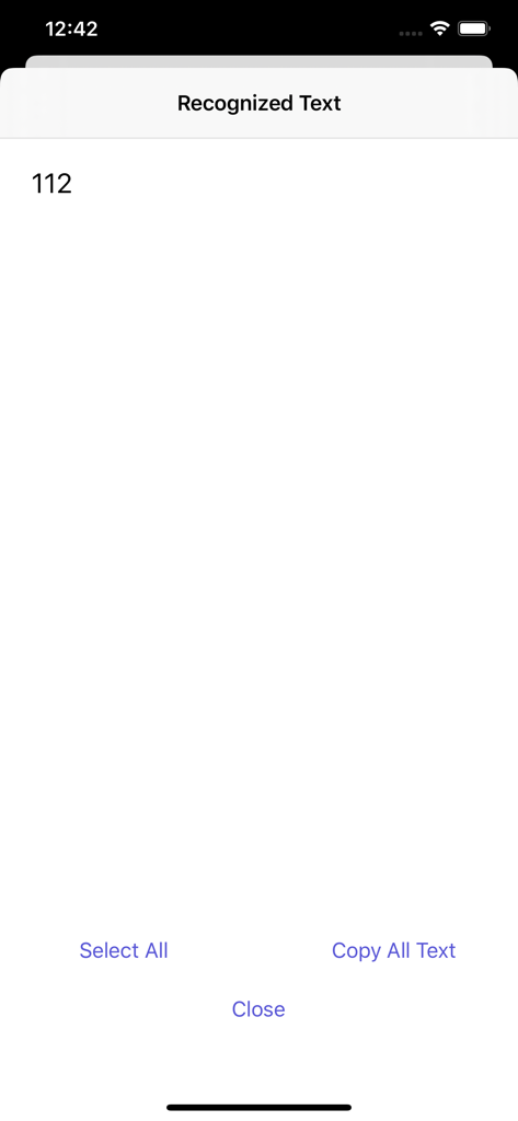 Interface of Photos Search Text app displaying recognized text from a photo with options to copy