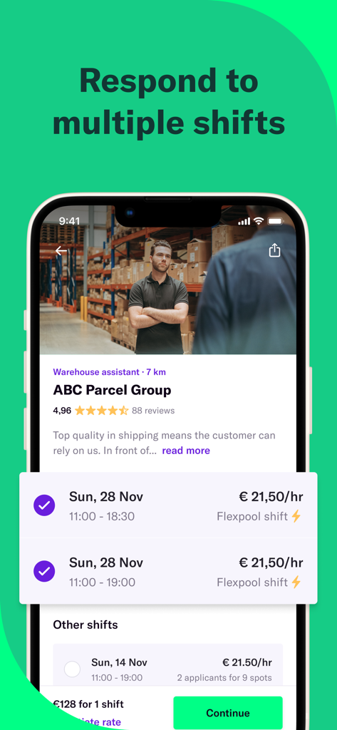 Temper | Flex Work and Gigs - Mobile interface of Temper app showing multiple warehouse assistant shifts with hourly rates
