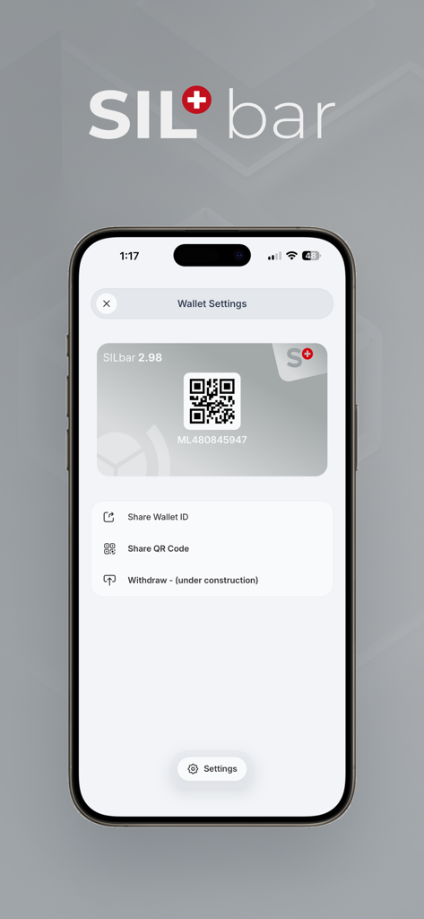 SILbar - SILbar mobile app interface showing wallet settings with a QR code for silver-backed trading