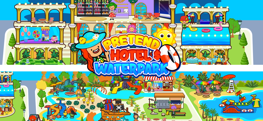 A colorful digital dollhouse showing a luxury hotel resort and an outdoor waterpark with various play areas for kids.