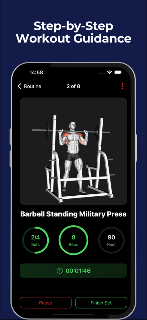 LoadMuscle: AI Workout Planner - LoadMuscle app interface showing step by step workout guidance for a barbell military press with muscle visualization and set tracking