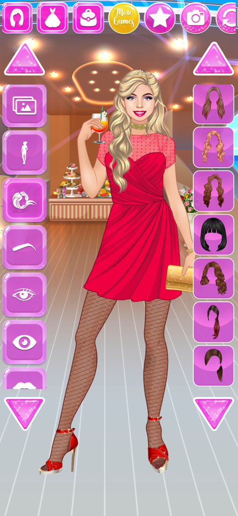 Girl Dress Up Games Offline - A fashion game character wearing a red party dress with a gold clutch and tiara