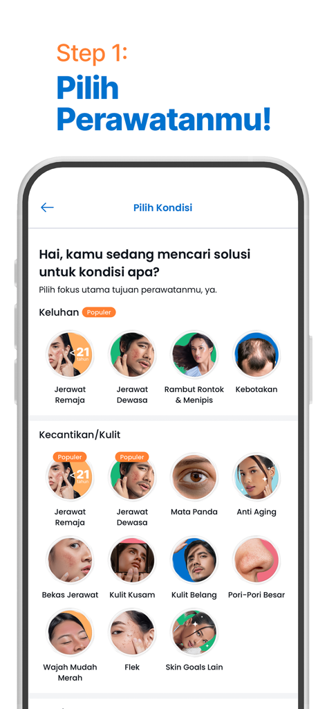 Mobile App-Bildschirm zur Auswahl individuell angepasster Haut- und Haarpflegetreatments basierend auf spezifischen Zuständen wie Akne und Haarausfall