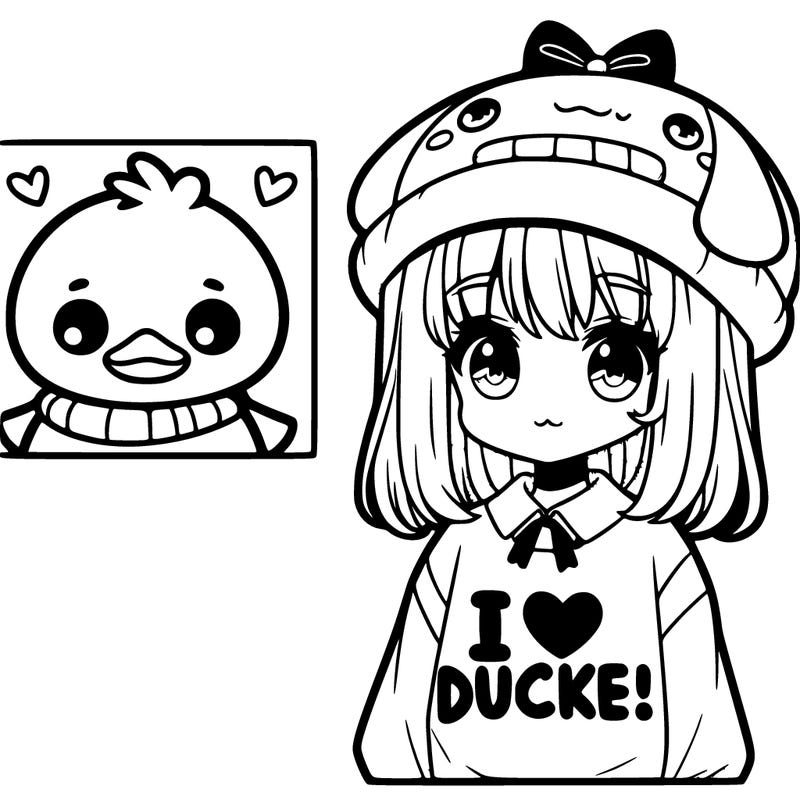 cute anime girl with a ducky hat and a  s vs hirt that says “i love duckies!” with a picture next to it thatd a duck
