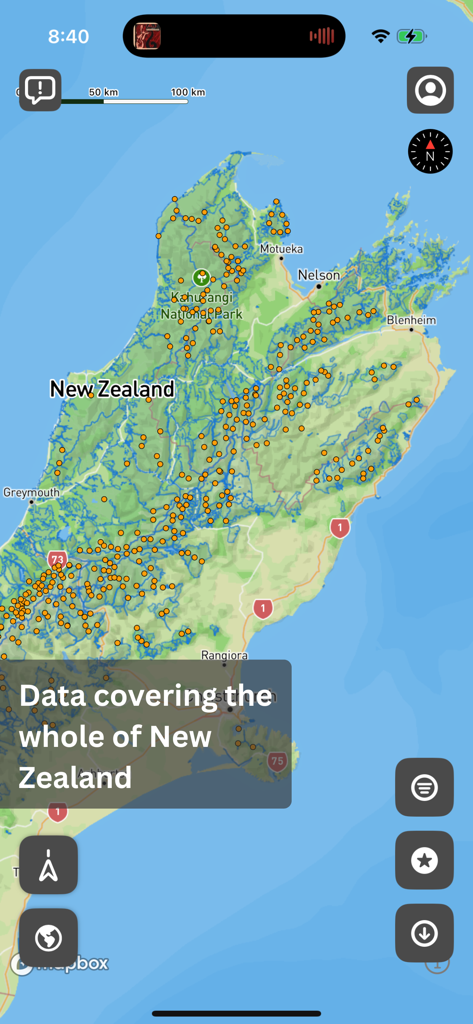 A map of New Zealand within the WildVision app showing numerous hunting data points across the country