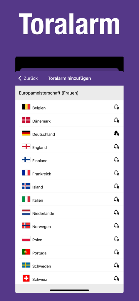 Un écran dans l'application de football montrant une liste d'équipes nationales avec des icônes de notification pour configurer les alertes buts.