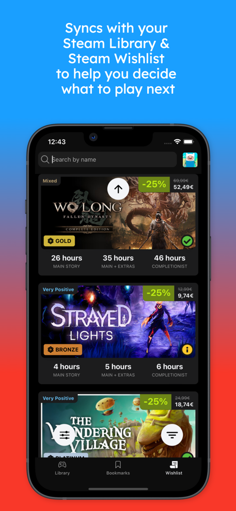 DeckFilter - Interfaccia dell'app mobile DeckFilter che mostra la libreria Steam e la lista dei desideri sincronizzate con le statistiche dei giochi