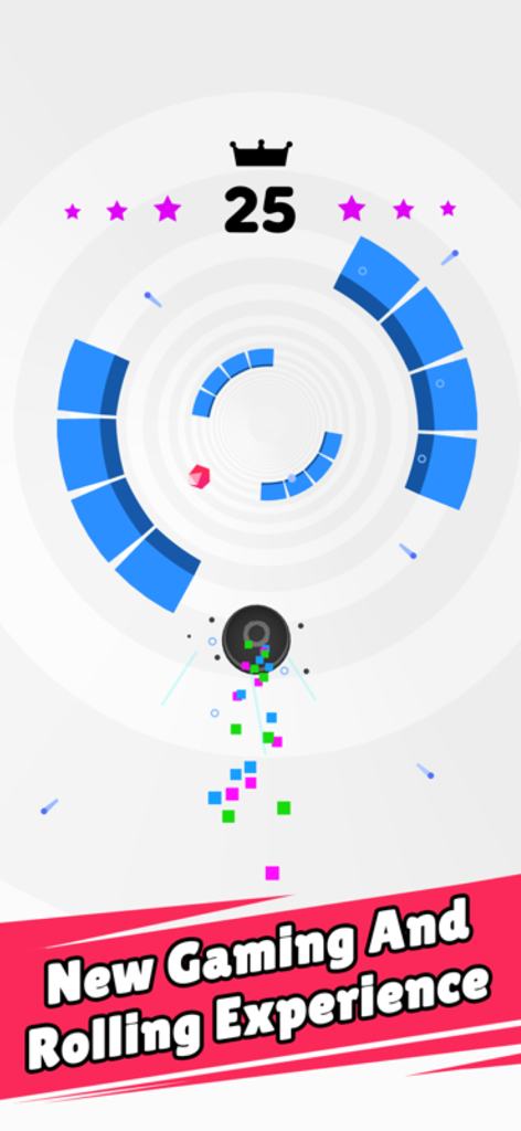 Rolly Vortex - A black ball rolling through blue circular obstacles in a white tunnel within the Rolly Vortex app.