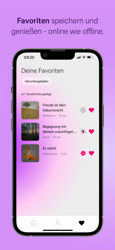 Interface do aplicativo homodea meditation mostrando uma lista de meditações favoritas para uso online e offline