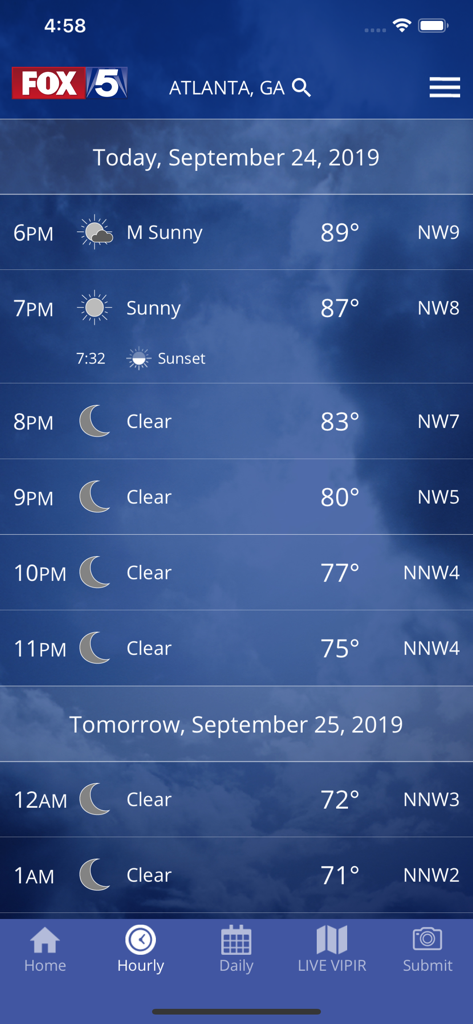 FOX 5 Storm Team Weather Radar app hourly forecast for Atlanta