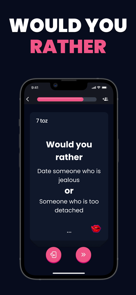 A smartphone displaying a Would You Rather challenge on the TOZ party game app interface.