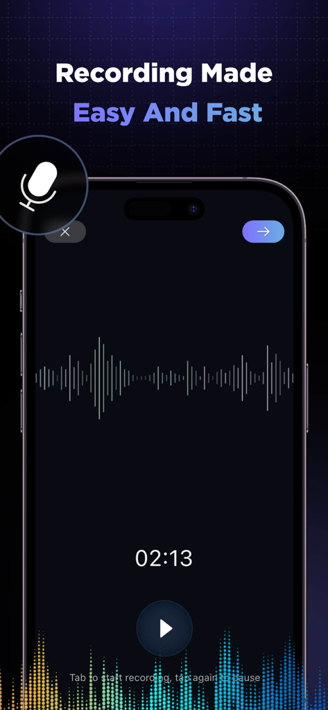 Lyrimusic mobile app interface for recording music with a live waveform display