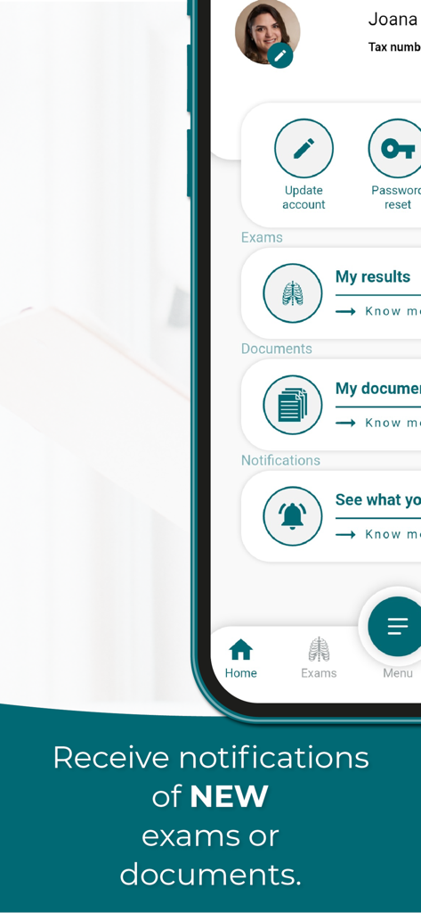 CIDIF - Interface do aplicativo CIDIF mostrando notificações de novos resultados de exames e documentos médicos em um iPhone.