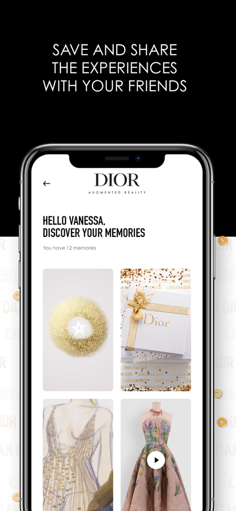 Dior AR Experience - A mobile interface of the Dior AR Experience app showing a collection of saved memories including fashion sketches and a floral dress