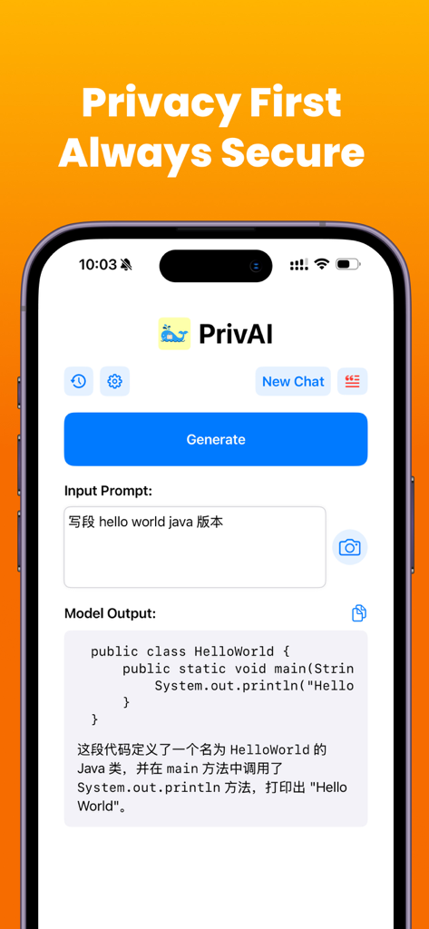 PrivAI LLM - Local AI Chat - Interface do aplicativo PrivAI LLM mostrando chat de IA local gerando código Java com um cabeçalho seguro focado em privacidade