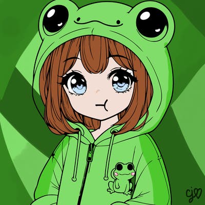 cute realistic girl in a froggy hoodie