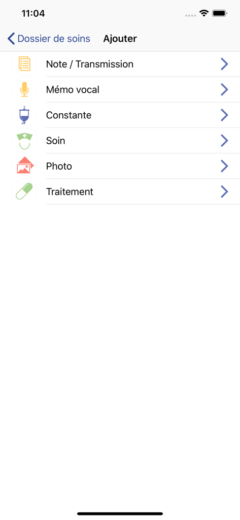 Interface for adding clinical notes, vital signs, and photos to a patient's care file in the AlbuSoins app