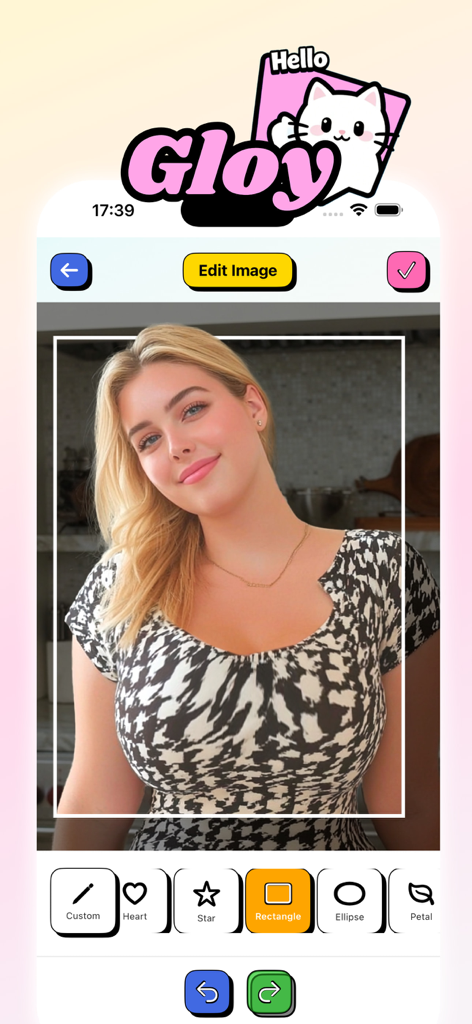 Interface of the Gloy app showing a woman's portrait being cropped with a rectangle tool and various shape options like heart and star.