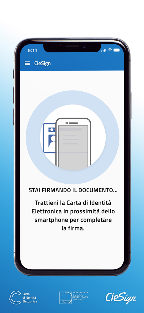 CieSign - Interfaccia mobile CieSign che mostra le istruzioni per avvicinare una Carta d'Identità Elettronica italiana allo smartphone per la firma di documenti NFC