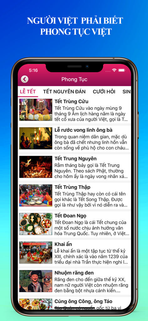 A list of traditional Vietnamese customs and festivals displayed in the calendar app