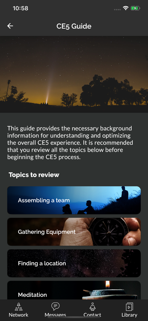 CE5 Contact - A screenshot of the CE5 Contact app guide menu showing preparation topics like assembling a team and gathering equipment for extraterrestrial contact