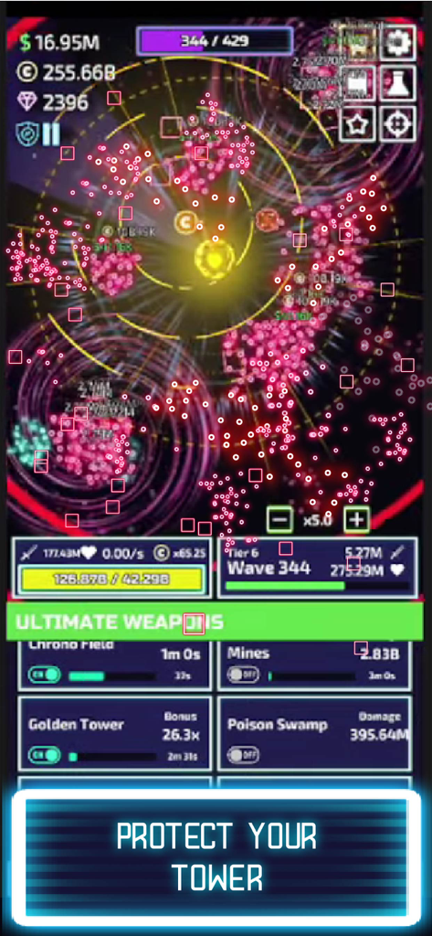 Schermata di gioco di The Tower Idle Tower Defense che mostra combattimenti attivi e armi definitive
