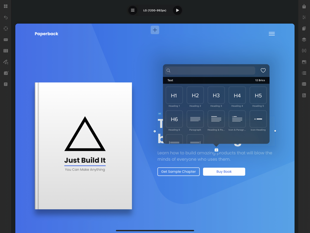 La interfaz de la aplicación Blocs en iPad mostrando la selección de elementos de texto para un diseño de sitio web.
