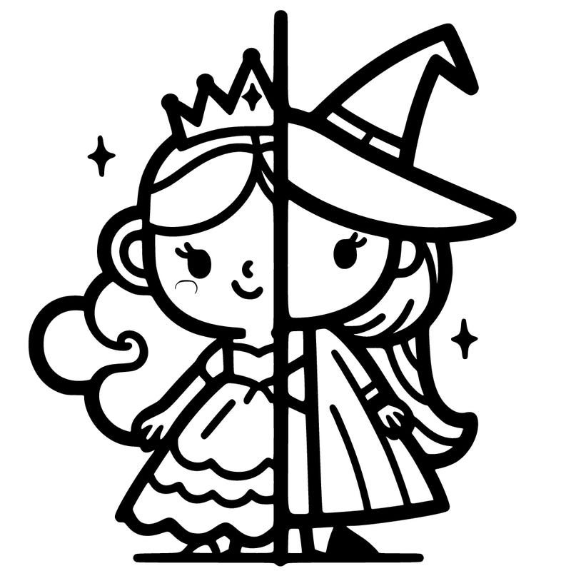 detailed split of a princess and a witch