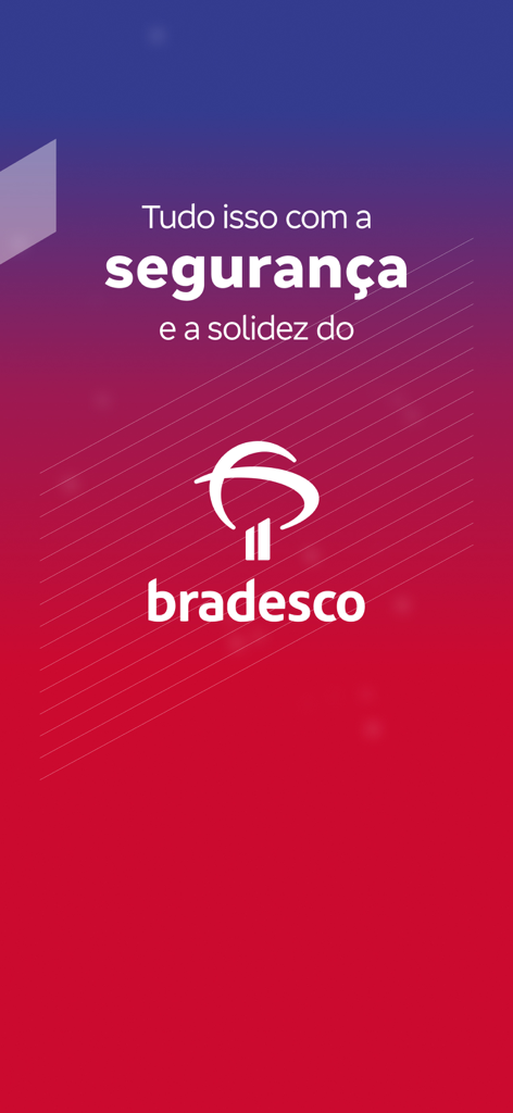 Bradesco法人カードアプリの画面。会社のロゴと、赤と紫のグラデーション背景にセキュリティと安定性を強調するテキストが表示されています。
