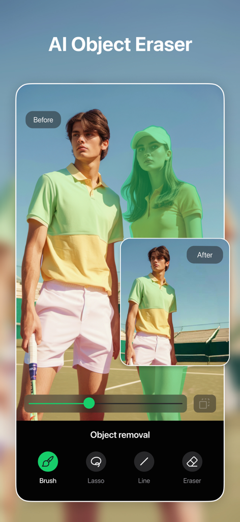 Snapix: Remove Objects Pro - Before and after demonstration of removing a person from a photo using Snapix AI object eraser