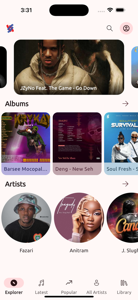 Plus Liberia - Plus Liberia music app interface showing the explorer tab with featured albums and Liberian artists