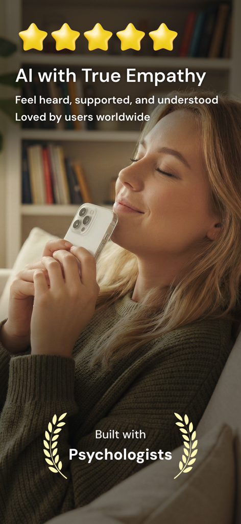 Sort AI: Your Mental Companion - A woman holding her phone with a peaceful expression and text about AI empathy