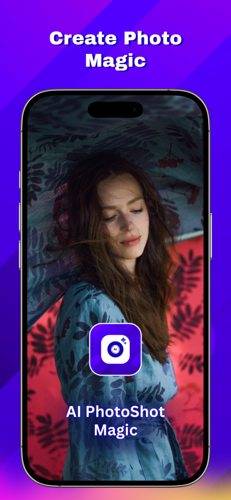 AI PhotoShot Magic - Pantalla de presentación de la app AI PhotoShot Magic mostrando el retrato de una mujer y el título Crea Magia Fotográfica.