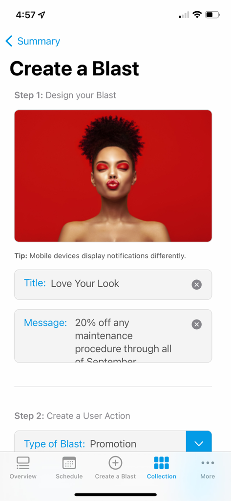 TouchMD Dashboard - for Staff - A mobile interface for creating a marketing blast with an image and promotion details for a medical practice.
