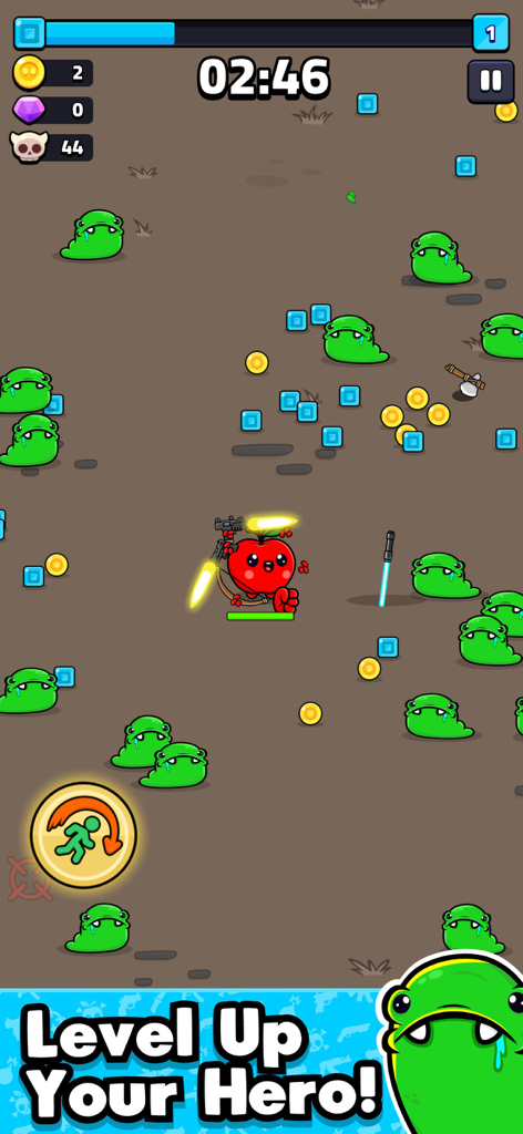 Apple Grapple: Survivor - Un personnage de pomme guerrière combattant une horde de vers verts dans le gameplay d'Apple Grapple Survivor