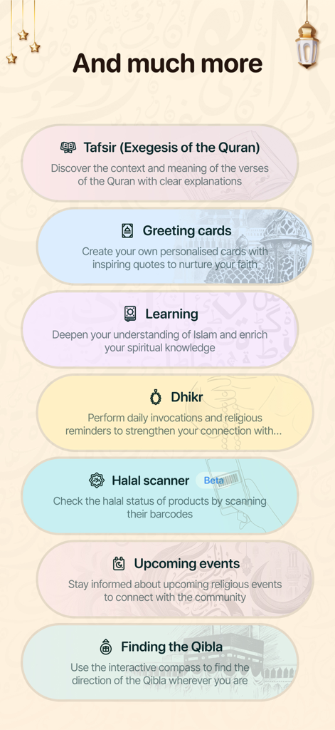Una lista de características islámicas en la aplicación Maarifa que incluyen Tafsir, Dhikr y un escáner Halal.