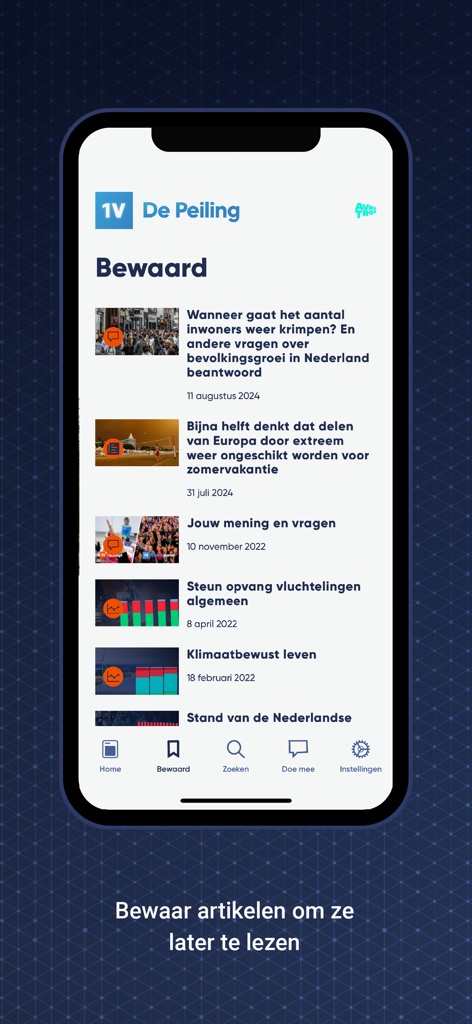 EenVandaag De Peiling - Screenshot of the saved articles screen in the EenVandaag De Peiling app showing a list of bookmarked news and polling topics