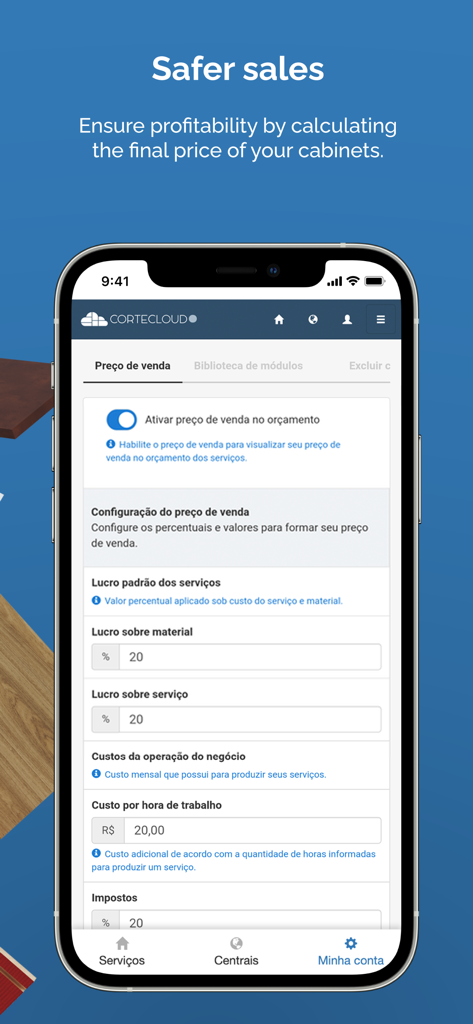 Smartphone mostrando la pantalla de configuración de precios de la aplicación Cortecloud para ventas de carpintería