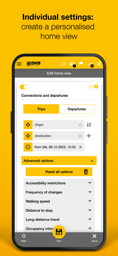 DVB mobil - Screenshot of the DVB mobil app showing the personalized home view settings screen for trips and departures with advanced navigation options.