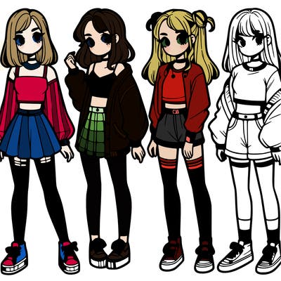 one girl with crop-top shirt and a jacket with a skirt, long socks and another girl with a shirt and pants with a jacket