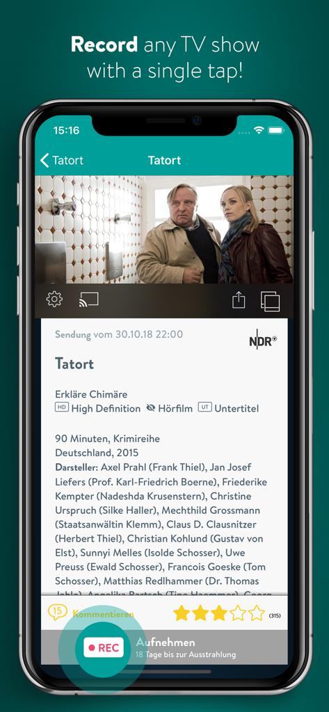 YouTV german TV, online video - Aplicativo YouTV no iPhone mostrando detalhes e um botão de gravação para a série de TV alemã Tatort.