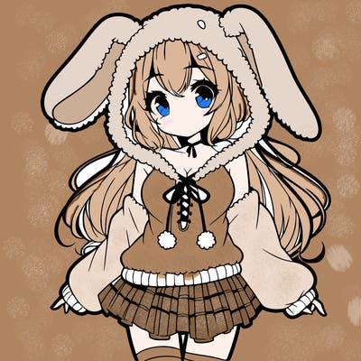 pretty anime girl wearing a fluffy hoodie with bunny ears on the hood and a skirt
